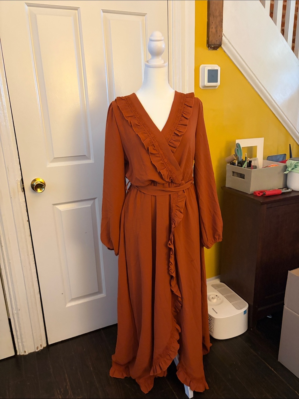 Simplee Apparel Rust Ruffle Wrap Maxi Dress